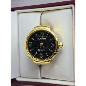 Bozhi Gold Tone Quartz Ring Watch Black Dial New Battery Retro Stretch Accessory
